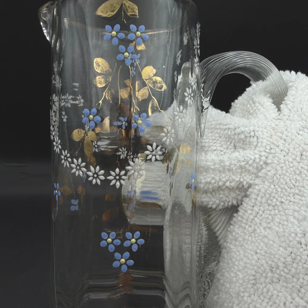 Antique Victorian Bohemian Enameled Glass Claret Pitcher Blue Floral Gilt 11‎ in